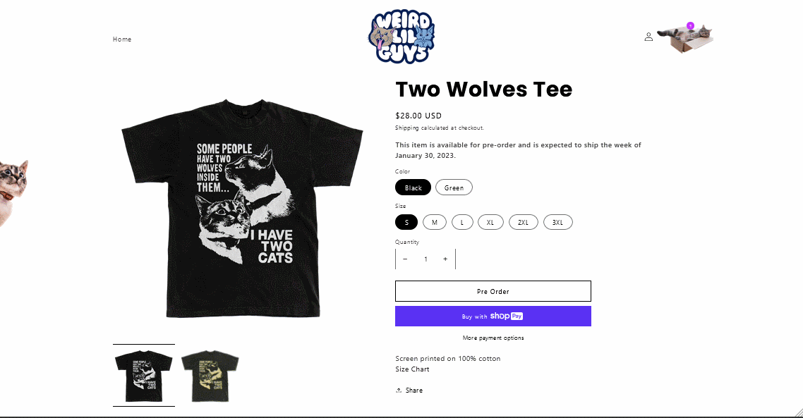 A pair of cat paws reaching out to pull the product image off a product page once the item is added to the cart.